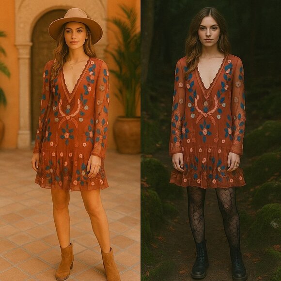 Free People Embroidered Mesh Boho Fall Dress SM Rust Festival Cottagecore Boho - Picture 1 of 14